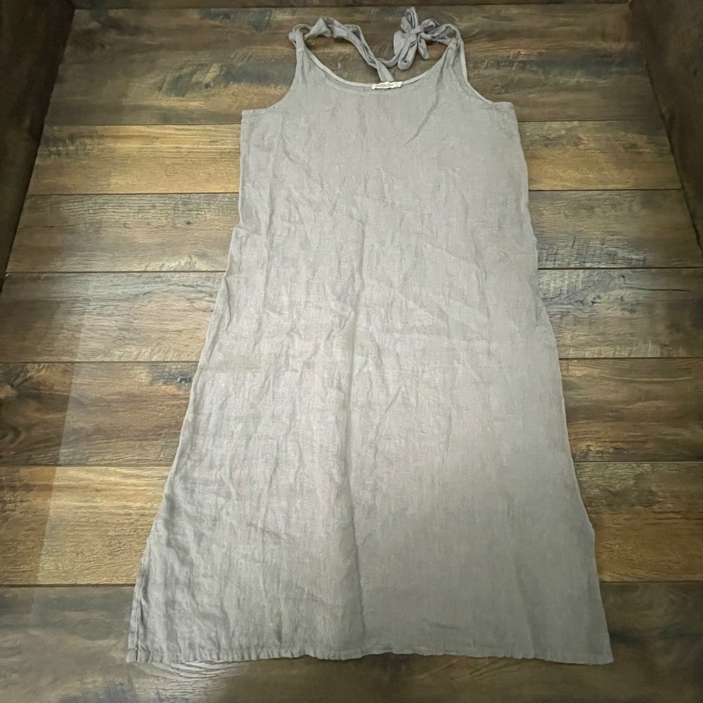 Valentina Naldi Italy 100% Linen Tie Shoulder Midi Shift Dress Taupe Grey L